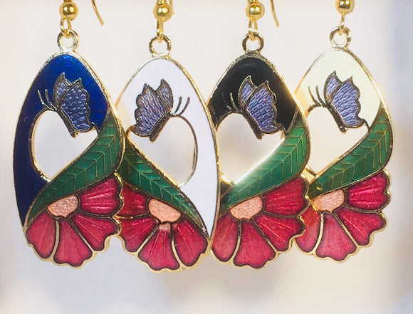 Floral Butterfly Stefano Earrings Vintage ( new ) Cloisonne dangle gold plate Factory Prices Collectible