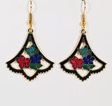 Stefano Vintage Cloisonne dangle earrings, butterflies and flowers, gold plate, Collectible