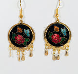 Stefano Vintage Cloisonne dangle double tier earrings, butterflies and flowers, gold plate, Collectible