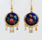 Stefano Vintage Cloisonne dangle double tier earrings, butterflies and flowers, gold plate, Collectible