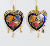 Stefano Vintage Cloisonne dangle double heart butterfly earrings, butterflies and flowers, gold plate, Collectible