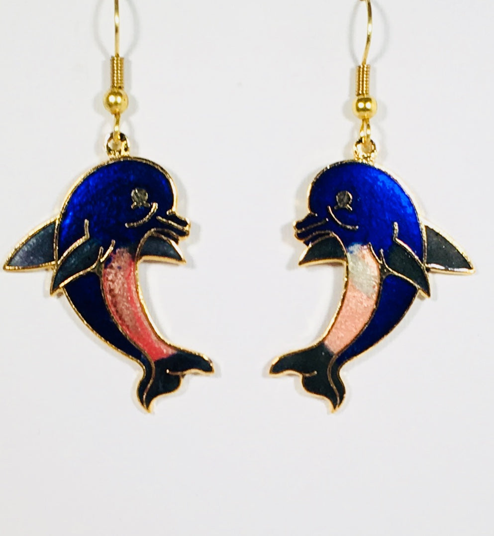 Dolphin Earrings. Stefano Vintage ( new ) Cloisonne dangle
