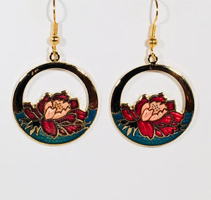 Round Floral Earrings Stefano Vintage ( new ) Cloisonne dangle (drop) gold plate Collectible