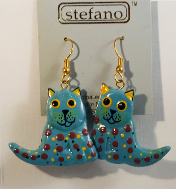 Blue Grey Speckles Cat Dangle Earrings Handmade by Stefano Bali Artisans Vintage Factory Prices Collectible
