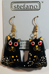 Black & Gold Cat Dangle Earrings Handmade by Stefano Bali Artisans Vintage Factory Prices Collectible
