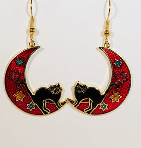 Cat on Moon Earrings Stefano Vintage (new) cloisonne gold plate Factory Prices