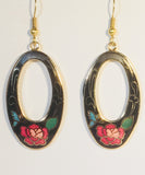 Oval Butterfly & Flower Earrings. Stefano Vintage (new) cloisonne dangle earrings, gold plate Collectible