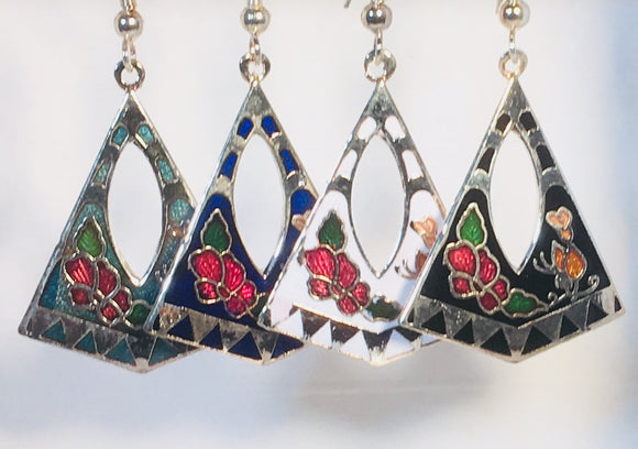 Floral Pyramid Stefano Earrings Vintage ( new ) Cloisonne dangle silver plate Factory Prices Collectible
