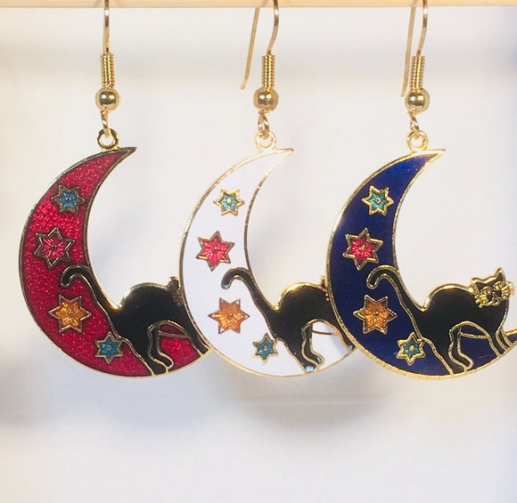 Cat on Moon Earrings Stefano Vintage (new) cloisonne gold plate Factory Prices