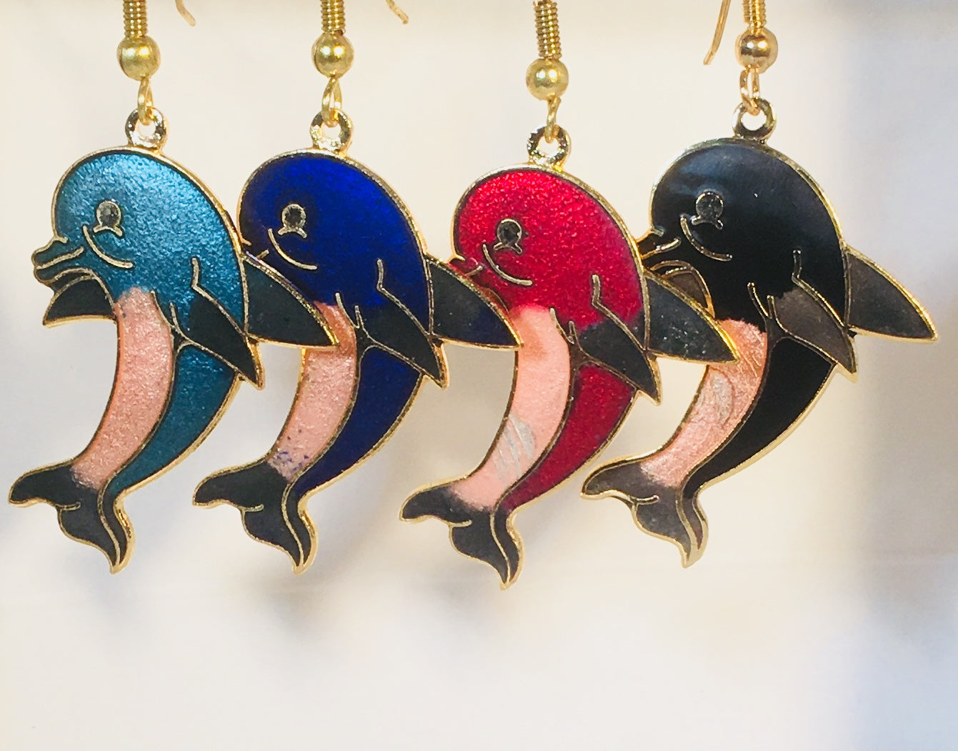 Dolphin Earrings. Stefano Vintage ( new ) Cloisonne dangle
