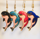 Orca Whale Earrings. Stefano Vintage ( new ) Cloisonne dangle (drop) earrings, gold plate