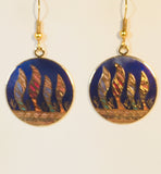 Southwest Feather Round Earrings Stefano Vintage ( new ) Cloisonne dangle (drop) gold plate Collectible