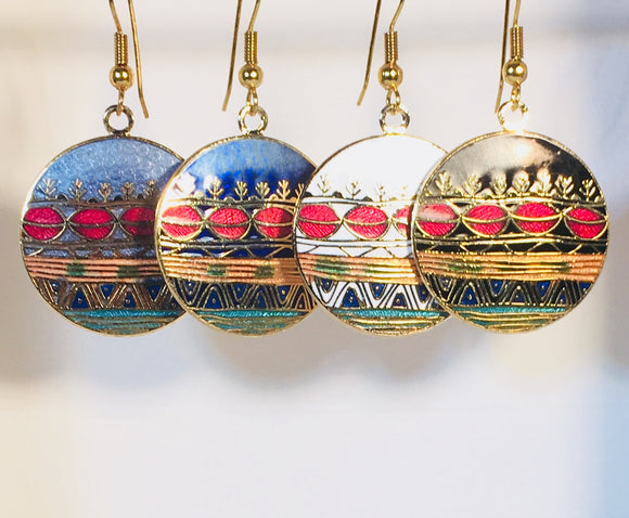 Southwest Sunset Round Earrings Stefano Vintage ( new ) Cloisonne dangle (drop) gold plate Collectible