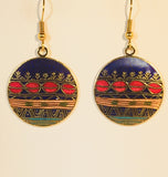 Southwest Sunset Round Earrings Stefano Vintage ( new ) Cloisonne dangle (drop) gold plate Collectible