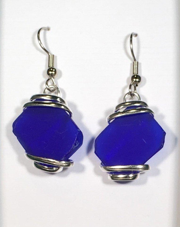 Seaglass Dangle Earrings dark blue silver plated