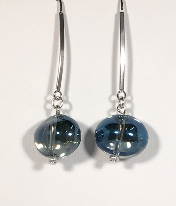 John Michael Richardson Jewelry. French hook glass silver/blue drop ball earrings. Designed and finished in USA.